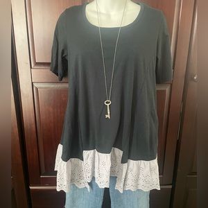 LOGO by Lori Goldstein Cotton Modal Elbow Sleeve Eyelet Hem Top